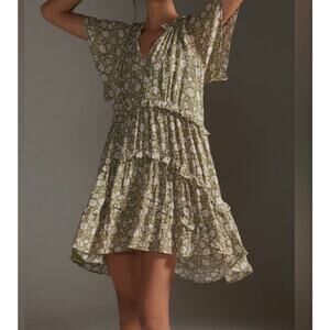 Anthropologie Size XS Robin Tiered Floral Mini Dress Green Cottagecore Peasant